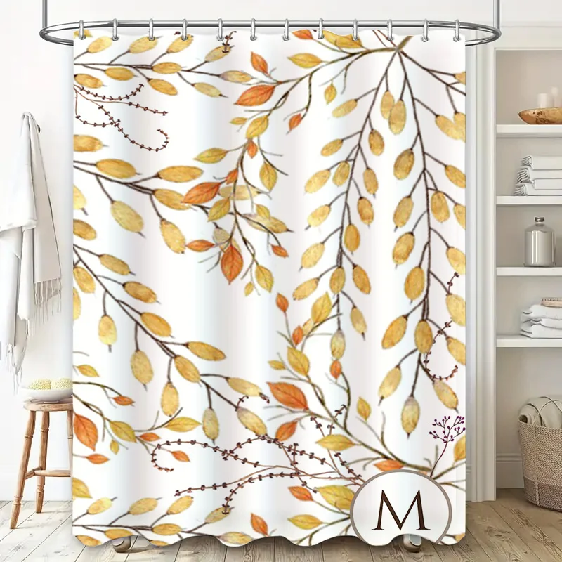 Leaves Pattern Shower Curtain with Monogram for Bathroom Decor T2437A01F-White-M