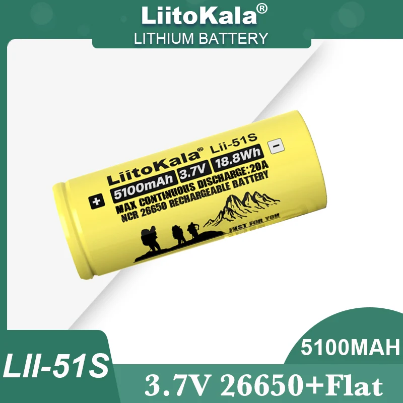 LiitoKala-batería de litio recargable, 100% Original, LII-51S, 26650, 20A, 3,7 V, 5100mA, adecuada para baterías de linterna