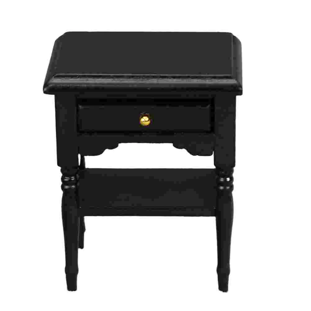 Mini Bedside Table Cabinet Adornment Wooden Model House Furniture Vintage Ornament Micro Scene Black Nightstand
