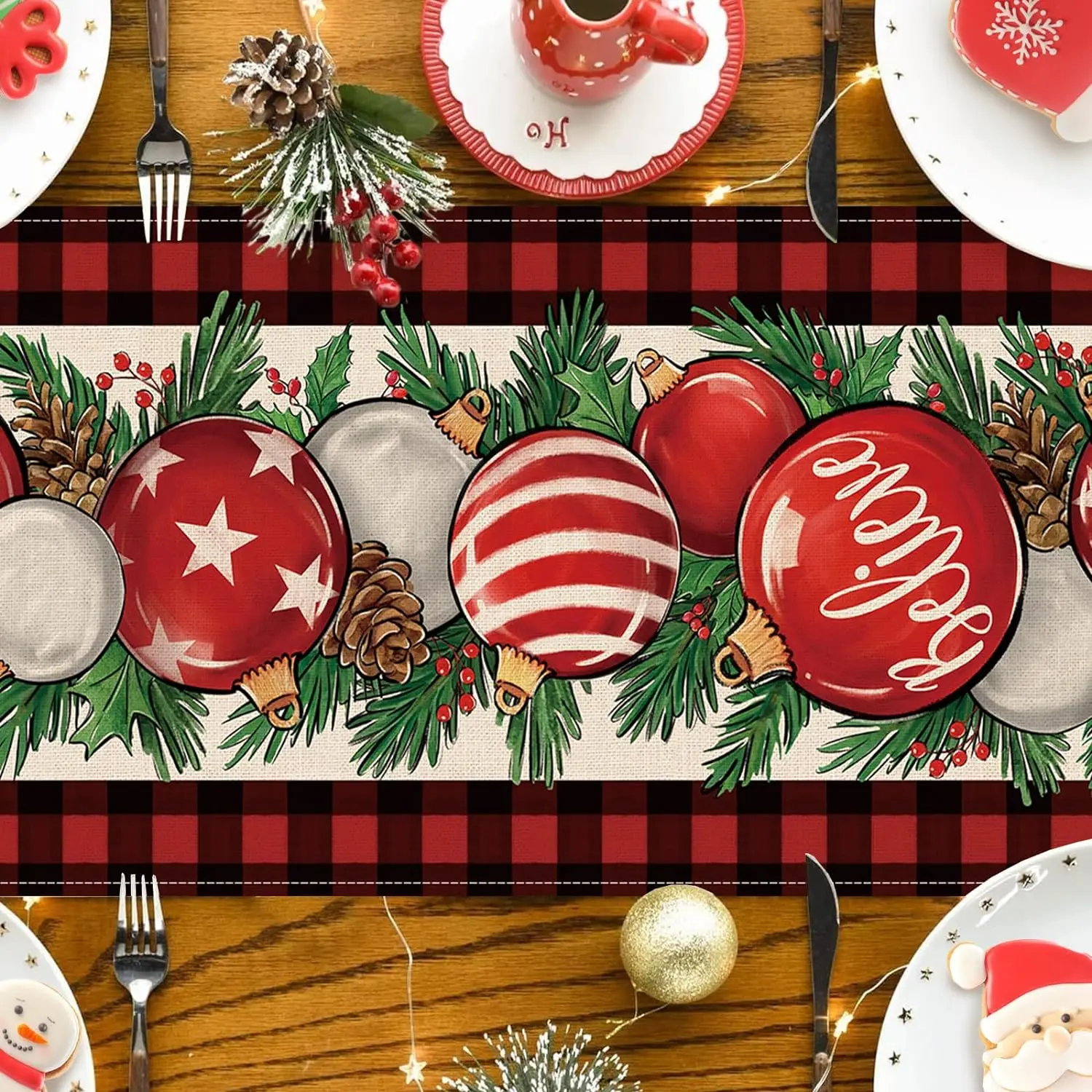 Christmas Ornament Ball Linen Table Runner Xmas Kitchen Dining Table Decor Winter Holiday Table Runner Navidad Decorations 2025