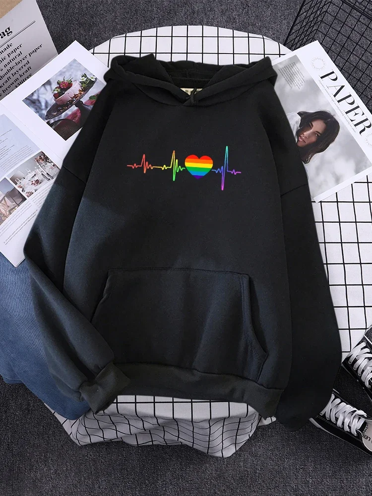 Beat Heart Rainbow Print Women Hoodie Long Sleeve Hip Hop Outfit Korean Aesthetic Sweatshirt Daily Street Trend Casual Women Top