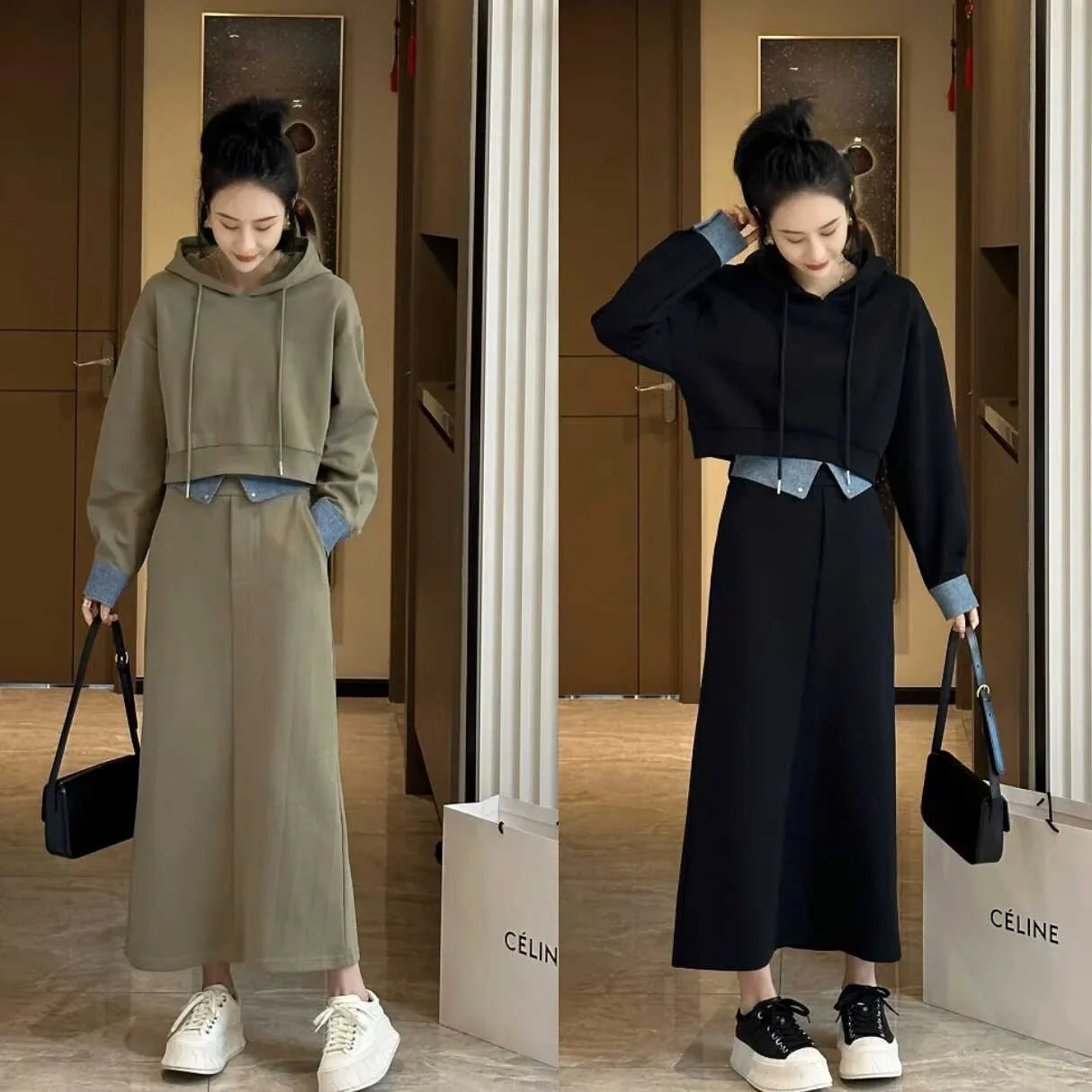 plus Size Fashionable Patchwork Hooded Set Women's Spring Autumn Slimming Color Block Sweatshirt Top Half Skirt Two Piece Set