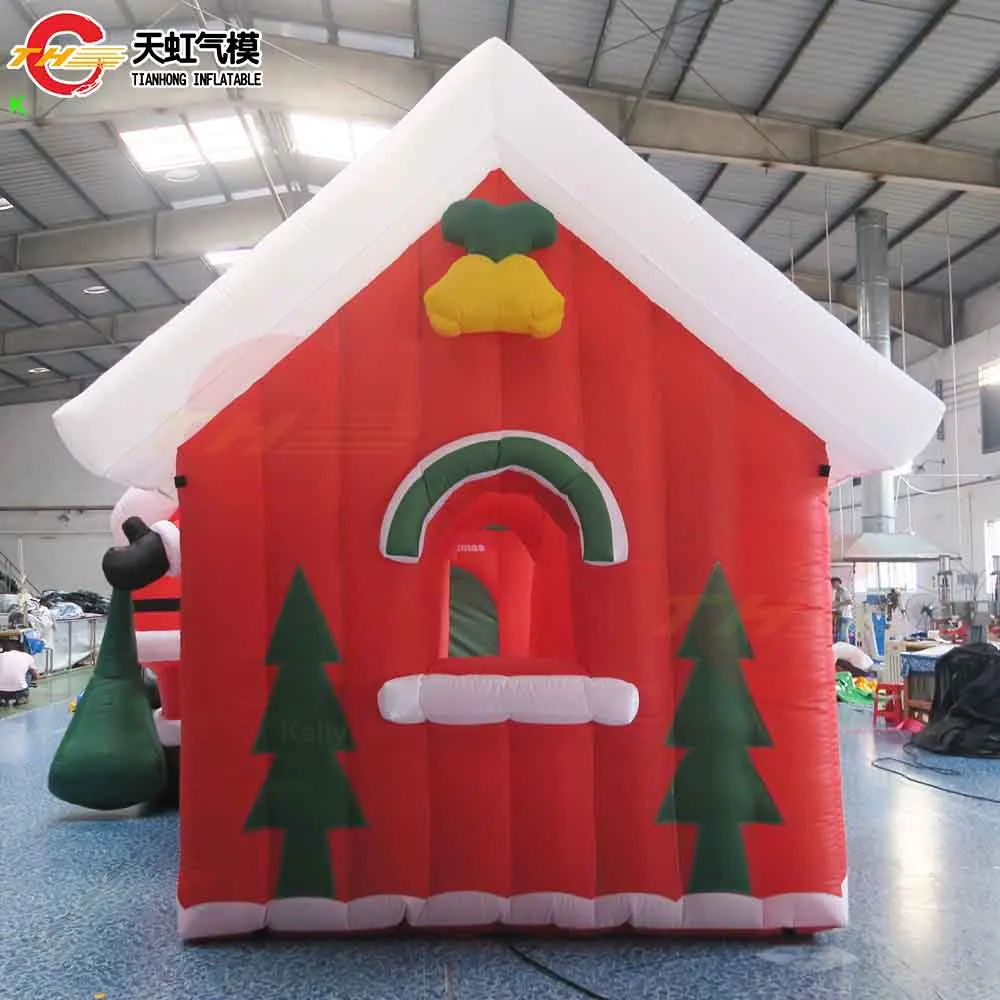 Snelle verzending 7x3m/8x4m opblaasbaar kersthuis met kerstman gigantisch opblaasbaar kersthuis met hek te koop