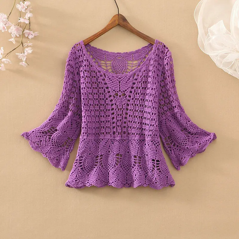 Lady Spring Summer 2023 Fashion New Loose Five-point Sleeve Short Round Neck Solid Color Plaid Casual Female Hollow Out Lace Top