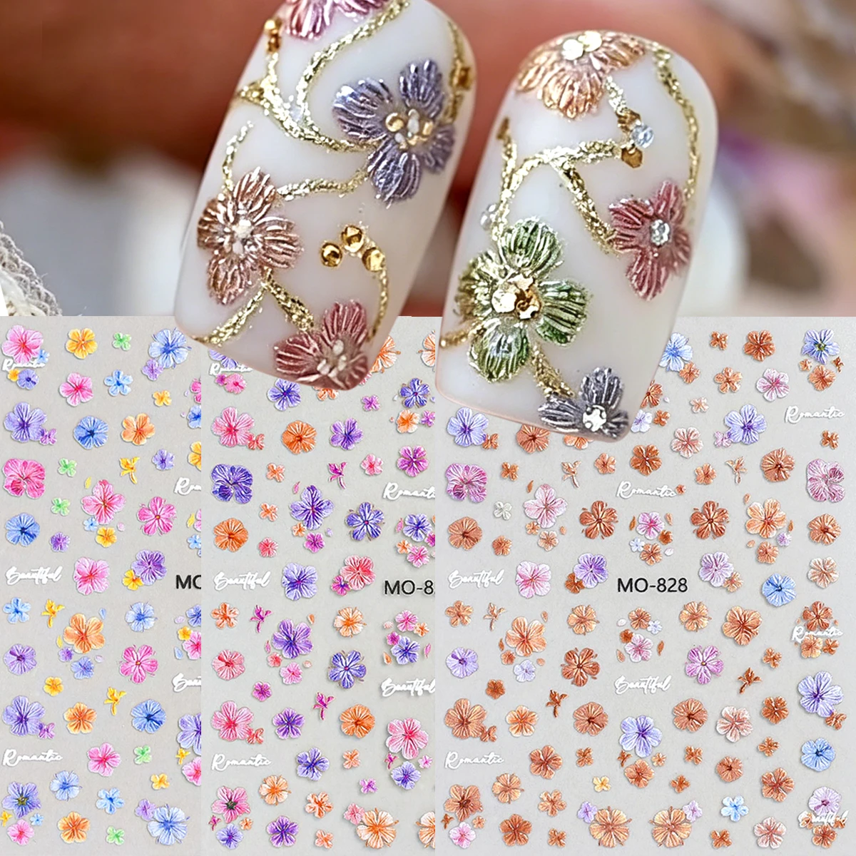 Gold Foil Floral Nail Stickers, Dried Flower Watercolor Design Embellishments, Self-Adhesive Semi-Gloss Nail Stickers
