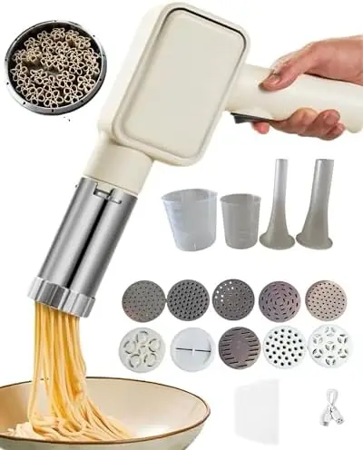 

Electric Pasta Maker, Wireless Handheld Noodle Machine with 10 Molds & 2 Filling Nozzles for Homemade Noodles