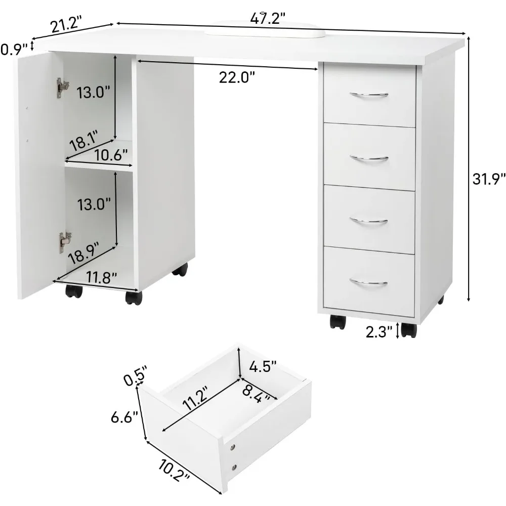 Nail Beauty Table with 4 Drawers, Lockable Wheels, 2 Shelves, Capacity of 300 Pounds, White, Fashionable Beauty Salon Nail Table