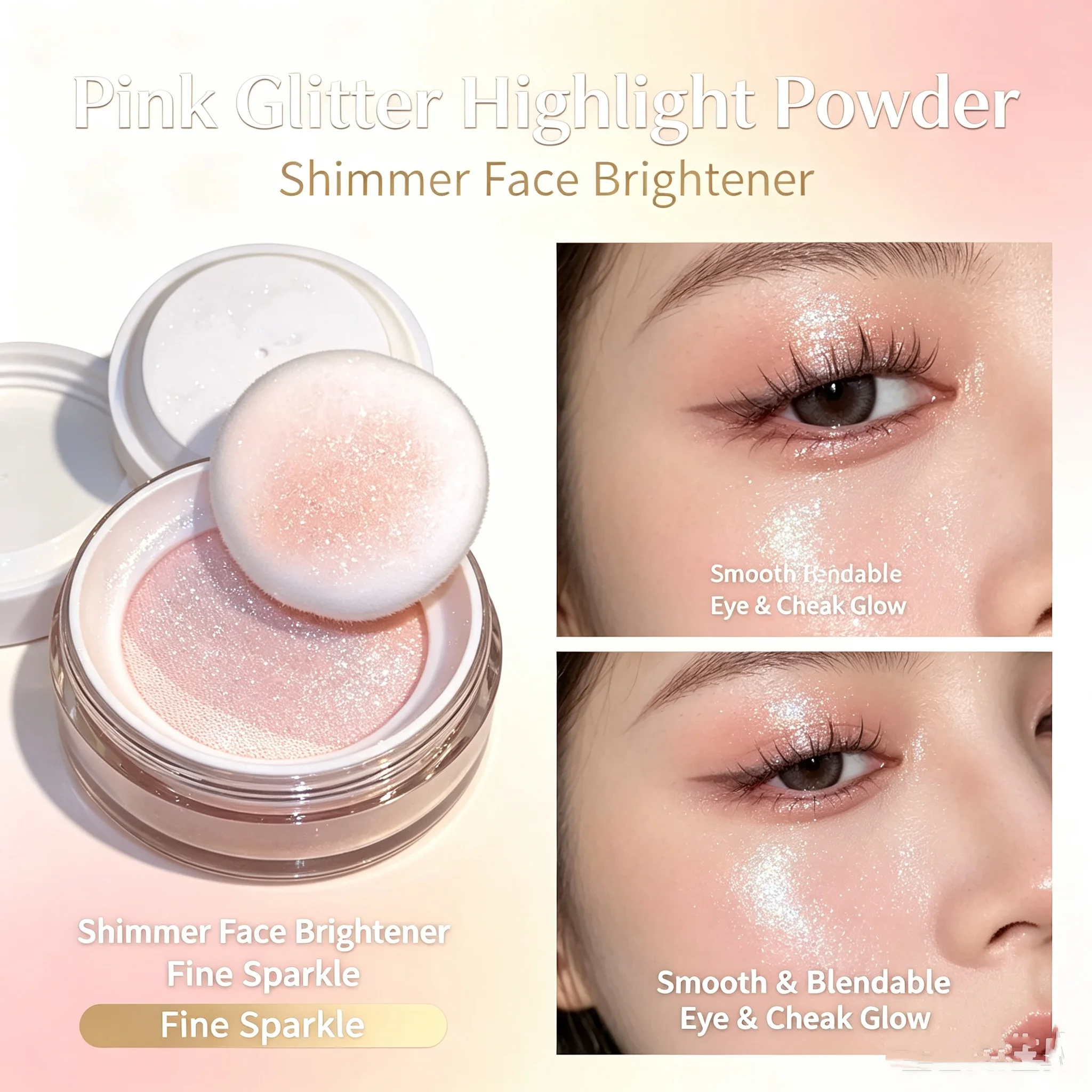 Pink & White Highlighter Powder, Fine & Glitter Shimmer, Face Brightening, Stereo Pearlescent Makeup, Affordable for Beginners &