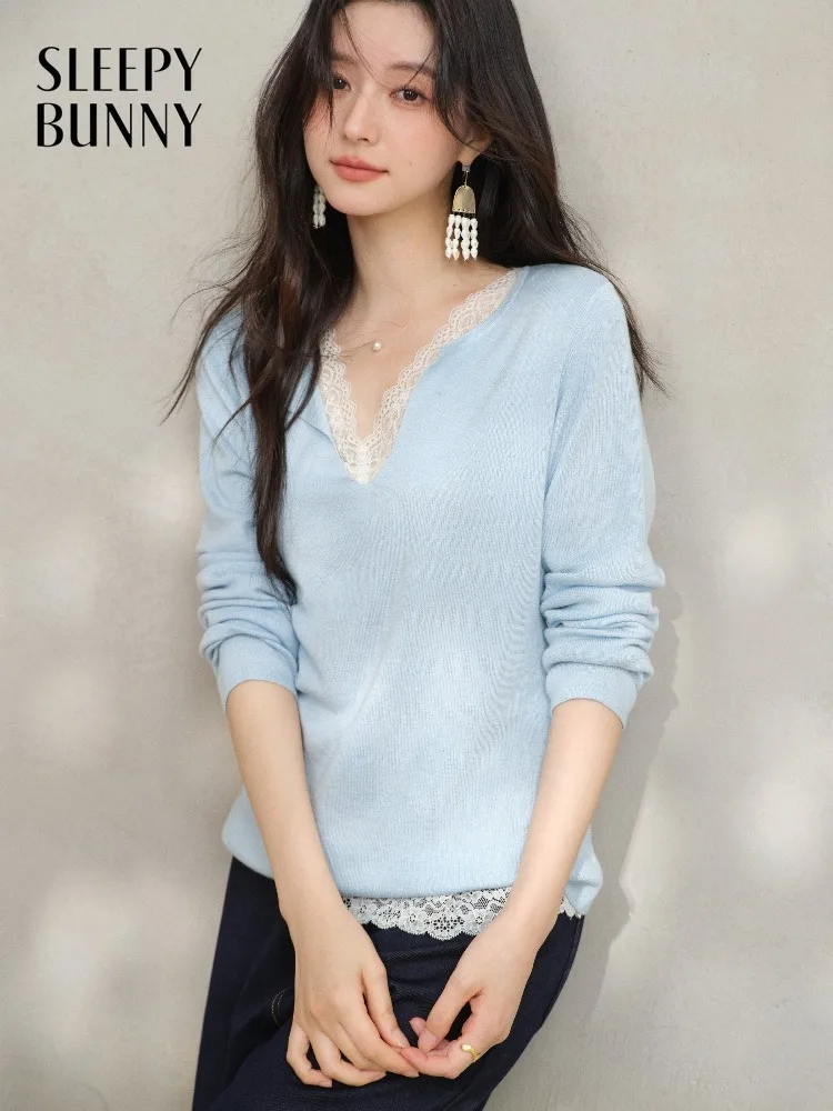 

Women Lace Trim Knit Sweater V Neck Lady Spring French Style Wool Pullover Casual Elegant Layering Top Basic Knitwear Daily