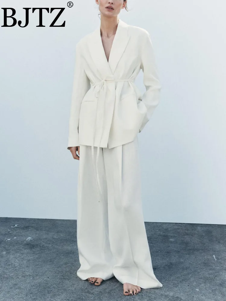 

BJTZ Solid Color Fashion Office Lady Blazer Set Women's 2025 Spring Summer Trendy New Lace-up Waist Jacket+wide Leg Trousers Set