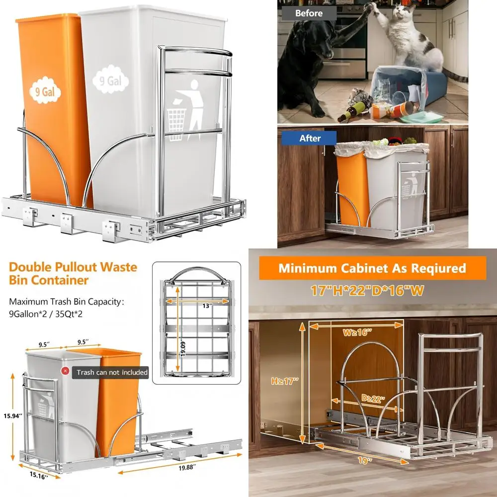 

Double Pull Out Trash Can Rack Under Cabinet, Fits 7-9 Gallon Bins, Kitchen Sink Organizer