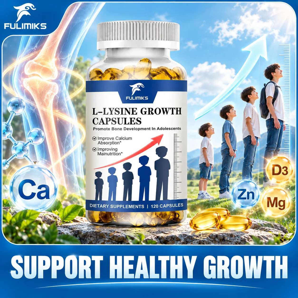 Premium Height Growth Supplement, L-Lysine 1000mg with Calcium & Zinc, Promotes Bone Growth & Calcium Absorption for Teen
