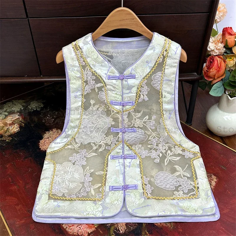 

Тонкий сетчатый жилет с цветочной вышивкой в китайском стиле, женский элегантный новый костюм ханьфу в китайском стиле, винтажный топ Ципао на пуговицах