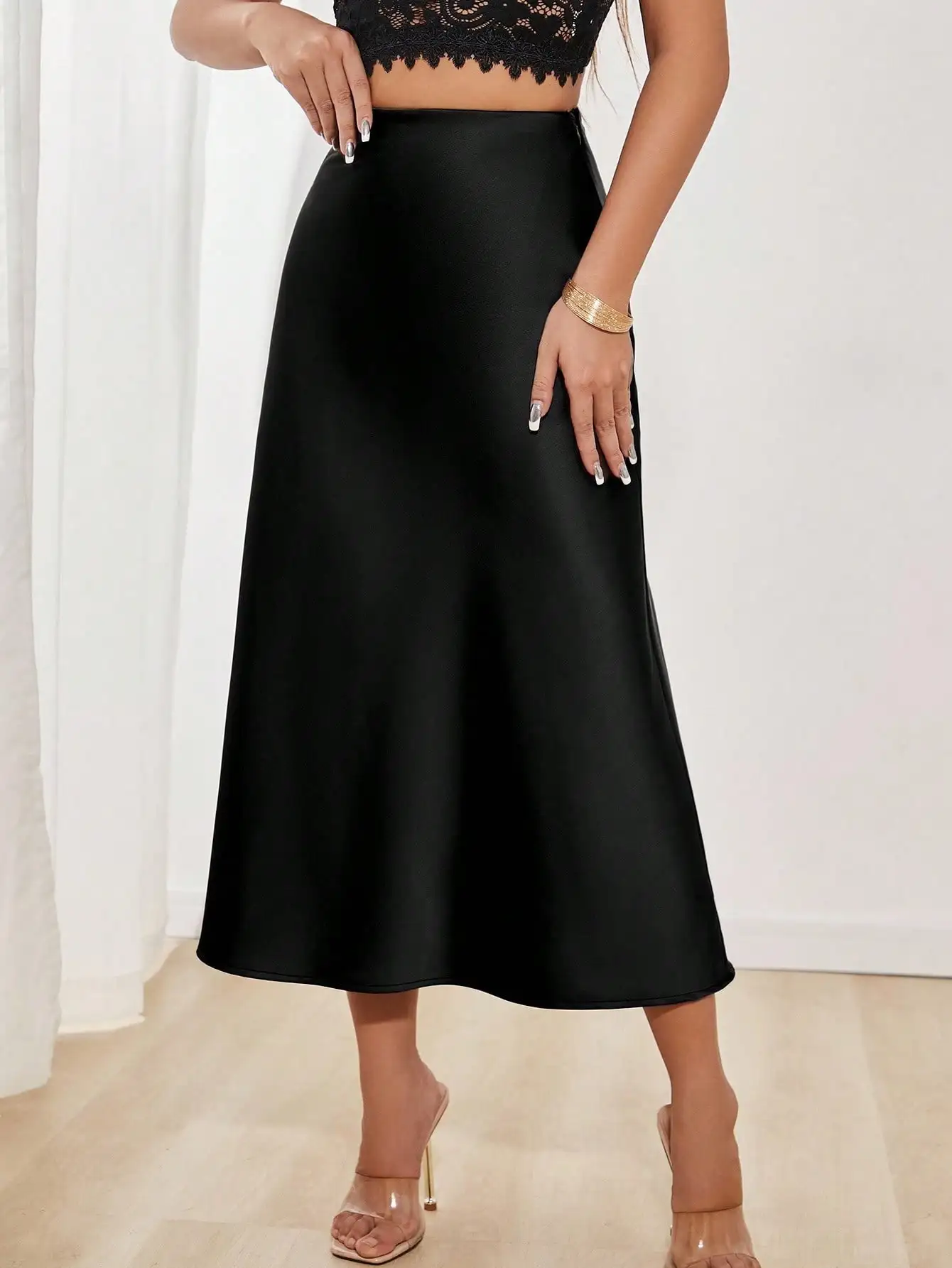 

Женская элегантная универсальная атласная юбка трапециевидной формы, черная юбка-миди, атласная юбка, элегантная юбка осенняя ткань для женщин