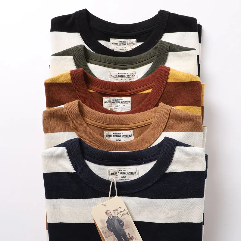 

Плотная ткань двойного плетения 280 г/м²! Мужская повседневная базовая футболка с круглым вырезом и широкими полосами из чистого хлопка в американском ретро-стиле