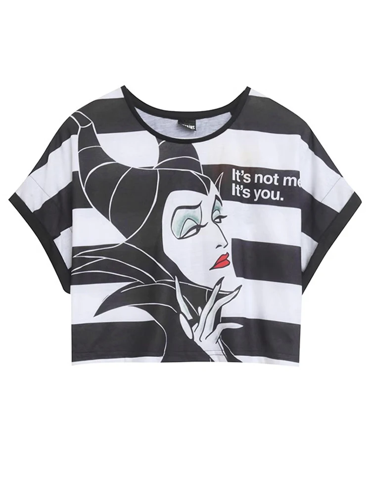 Disney Mickey Mouse Striped Cartoon Print Polyester T-Shirt Women O-Neck Pullover Short Sleeve Loose Short Crop Tee Tops Female