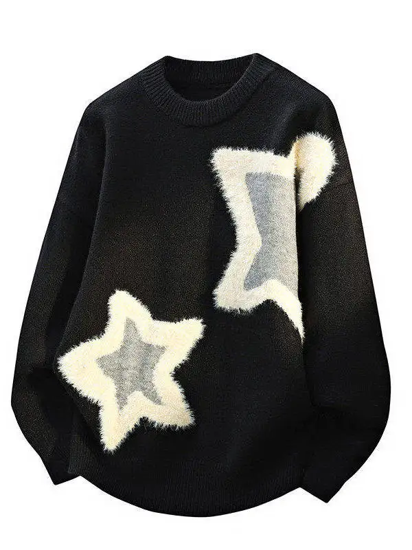 

Повседневный универсальный мужской вязаный свитер с вышивкой в виде звезд, круглый вырез, свободный крой, базовая модель, трикотаж в гонконгском стиле, осенняя одежда