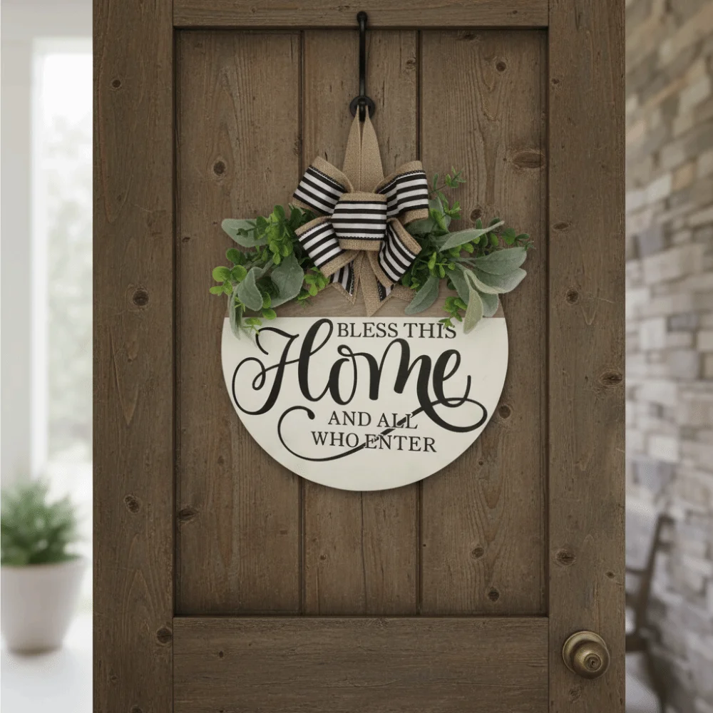 Garlands 2D Flat Welcome Sign Wooden Flower Door Wreath Bow Knot Round Shape Hanging Decoration Front Door