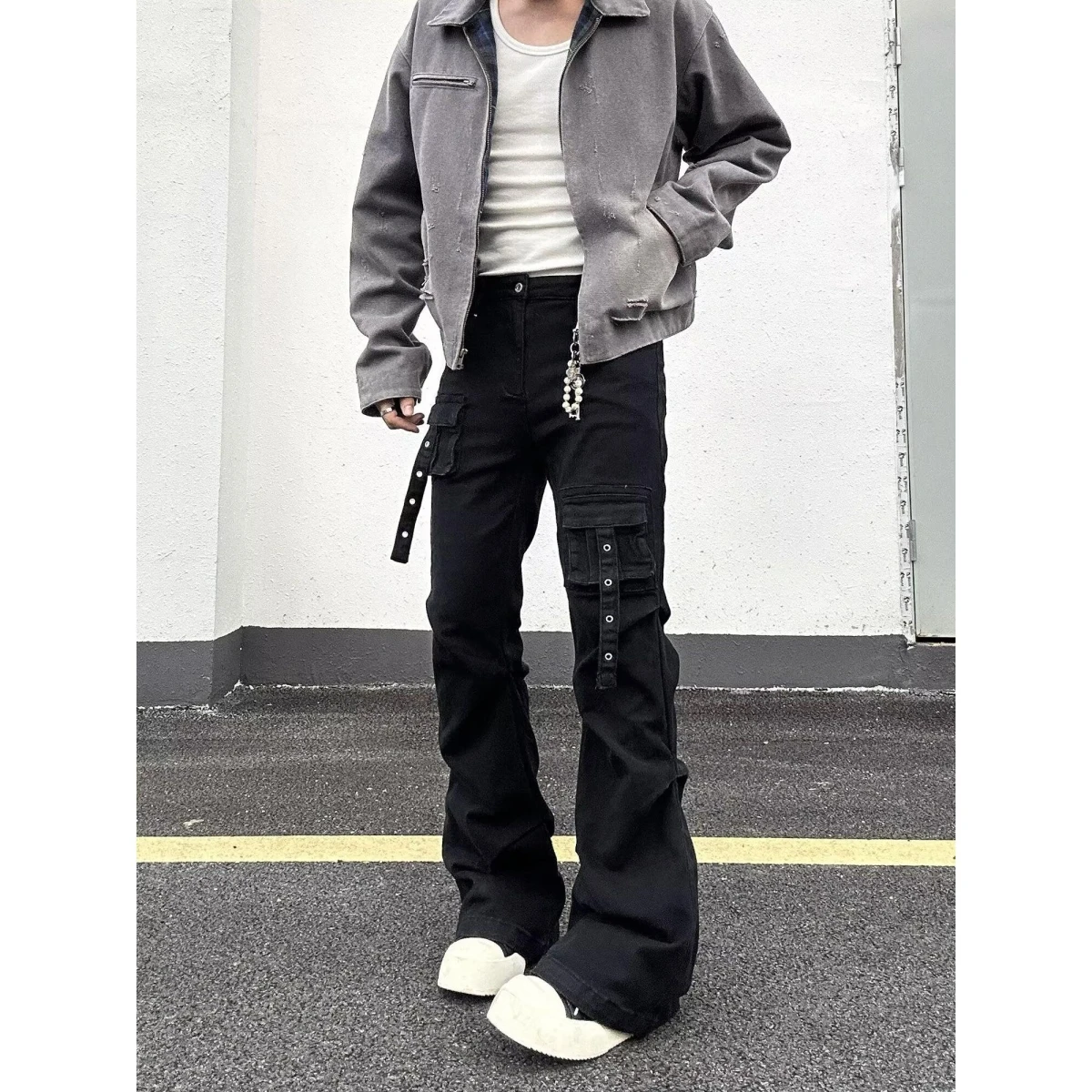 

Мужские джинсы American Sle Bla Vibe Workwear: облегающие брюки-клеш в стиле High Street с декоративной отделкой, повседневные джинсы