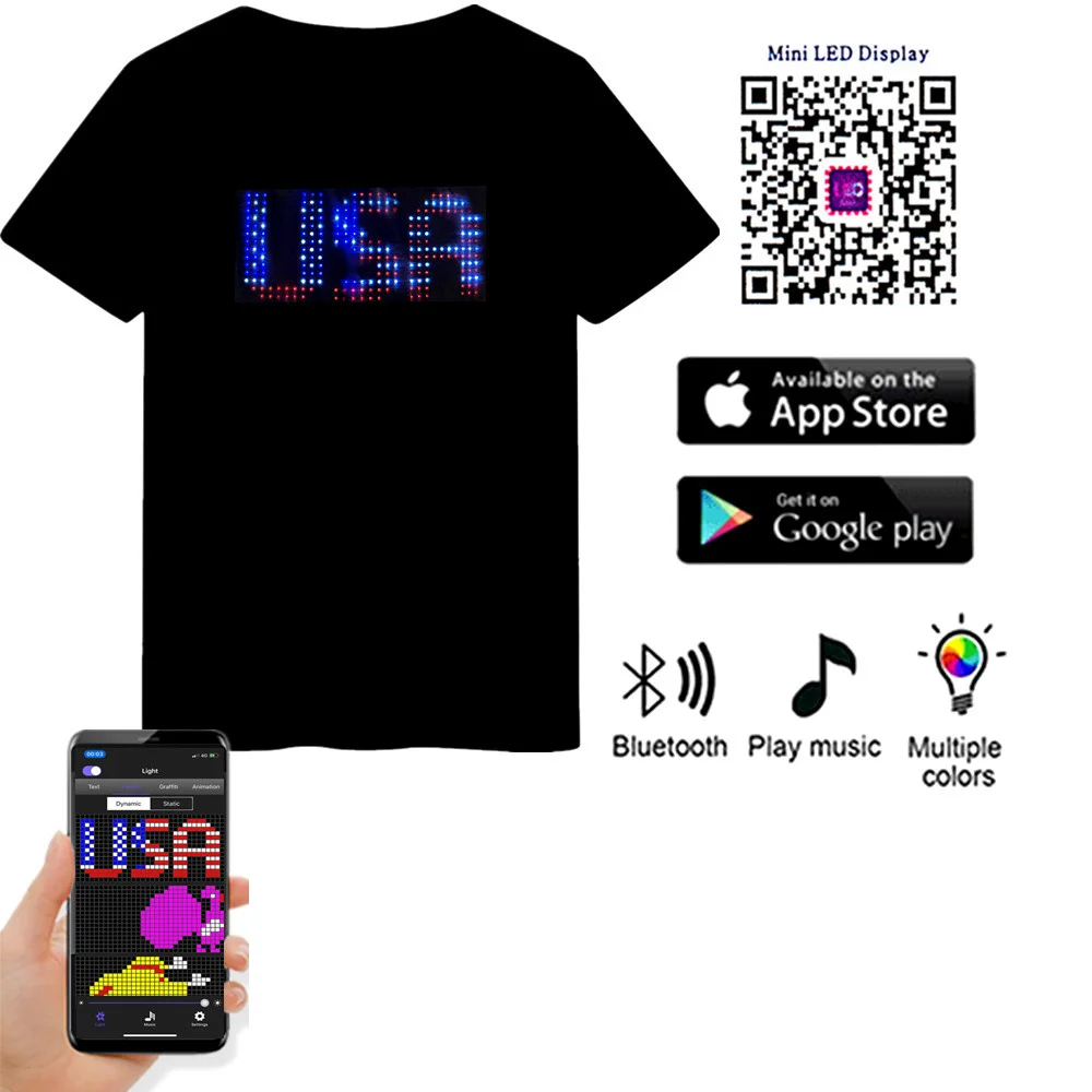 App Control Bluetooth Programmable Led T-shirt Dj LED Tshirt Built-in Battery Scrolling Text