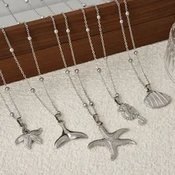 1Pcs Silver Color No Fading Marine Life Necklace Bead Chain Temperament Gentle Women Necklaces Hippocampus Conch Shell Chains