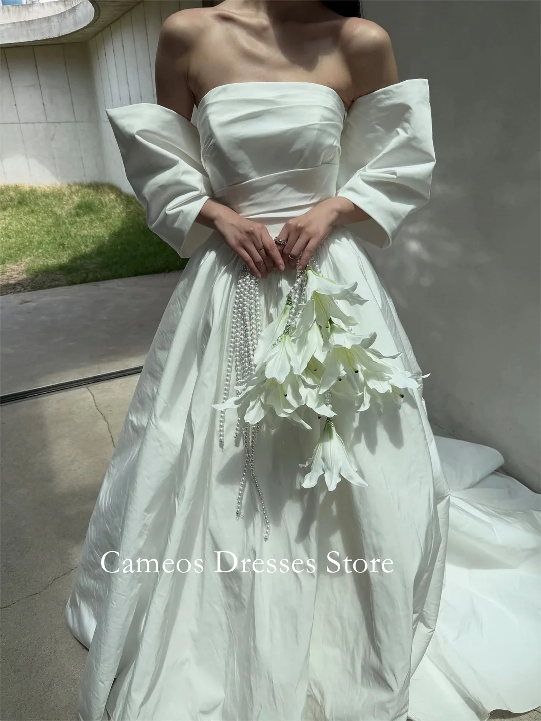 

SONDR Customized Strapless Ivory Taffeta A-Line Wedding Dresses Puff Sleeves Korea Brides Gowns Women Bridal Dresses