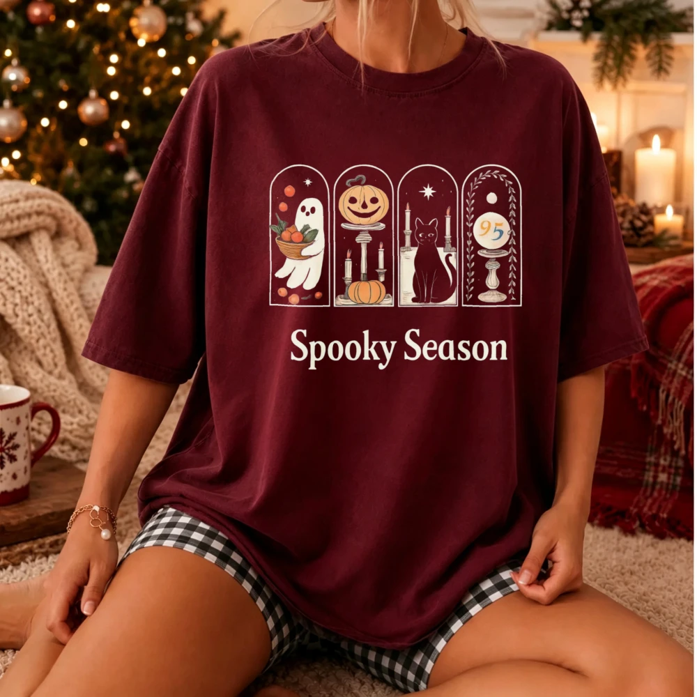 Vintage Halloween Spooky Season Graphic T-Shirt Ghost Cat Pumpkin Crystal Ball Retro Tarot Style Unisex Cotton Short Sleeve Top