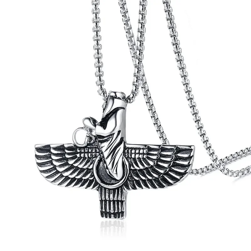 Fashion Zoroastrianism Wing Necklace Pendant for Men Stainless Steel Chain Ahura Mazda Zoroastrian Farvahar Male Jewelry