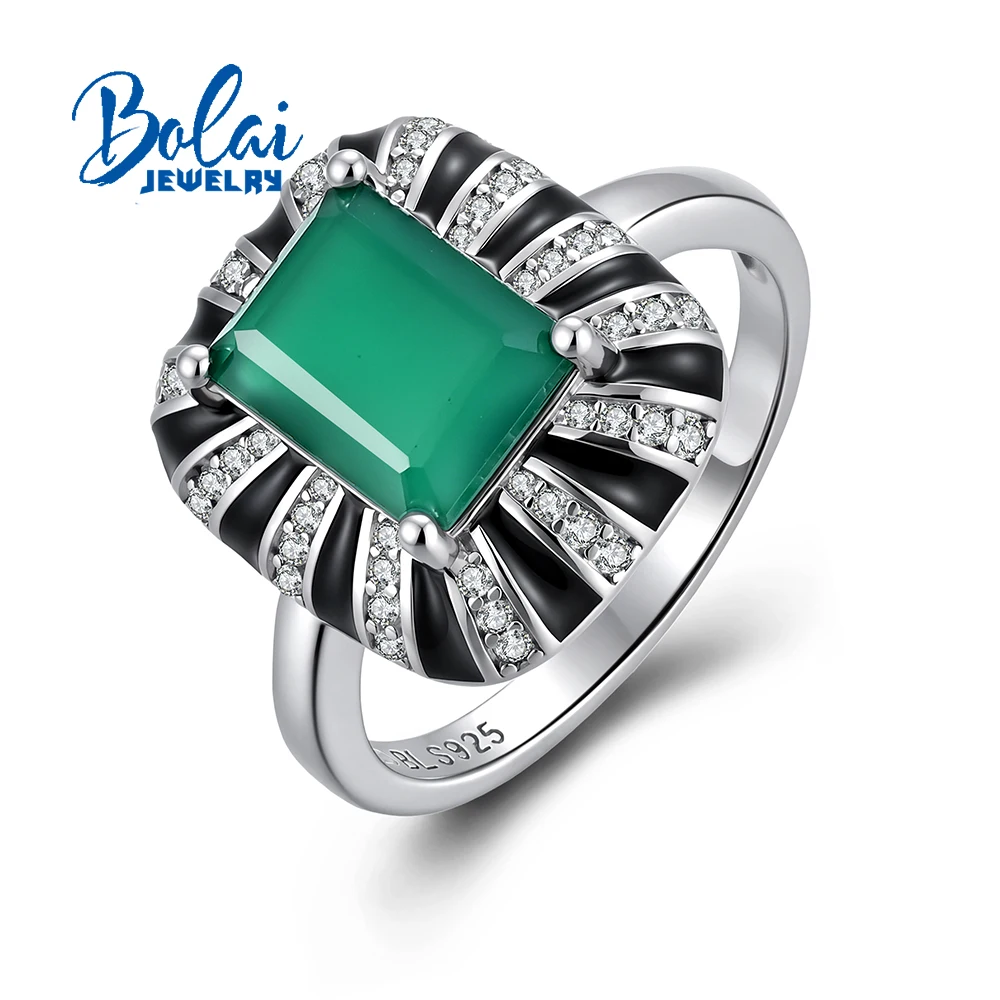Elegant 925 Sterling Silver Big Ring Natural Green Agate Real Gemstone Fine Jewelry For Women'S Anniversary Gifts
