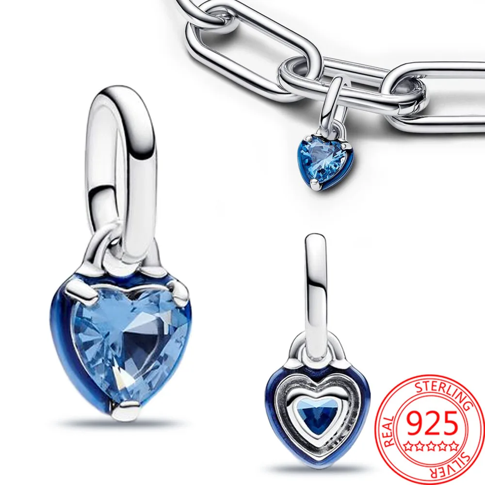 Classic Versatile 925 Sterling Silver Blue Chakra Heart Mini Dangle Charm Hangings Fit Bracelet ME Bracelet Jewelry Accessories