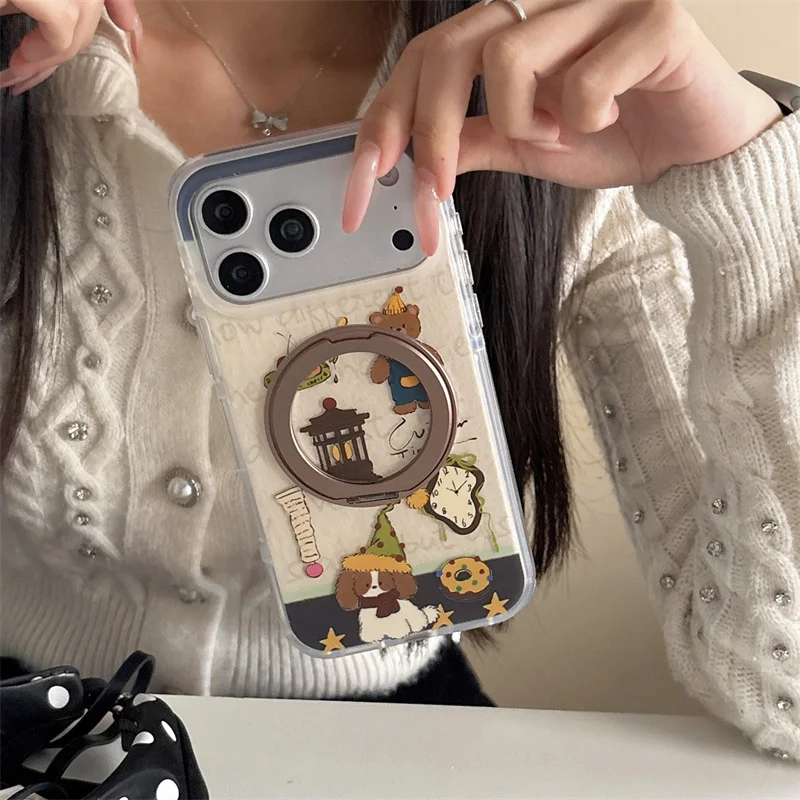 

Cartoon Puppy Bear Magnetic Ring Stand Phone Case For iPhone 17 16 15 14 Pro Max Shockproof For Magsafe Compatible Cover