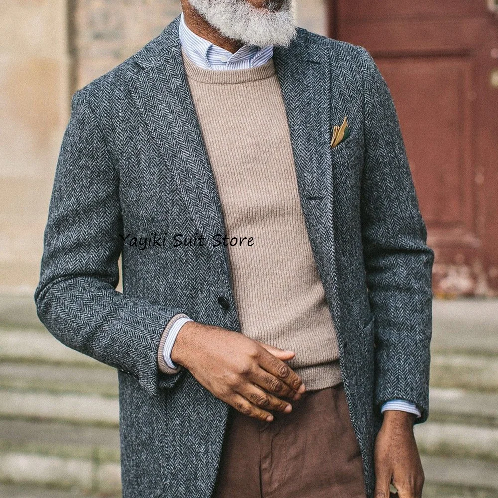 

Vintage Herringbone Fabric Man Jackets High Quality Men's Jacket Casual Suit Single-breasted Men's Social Coat Notch Lapel Suits