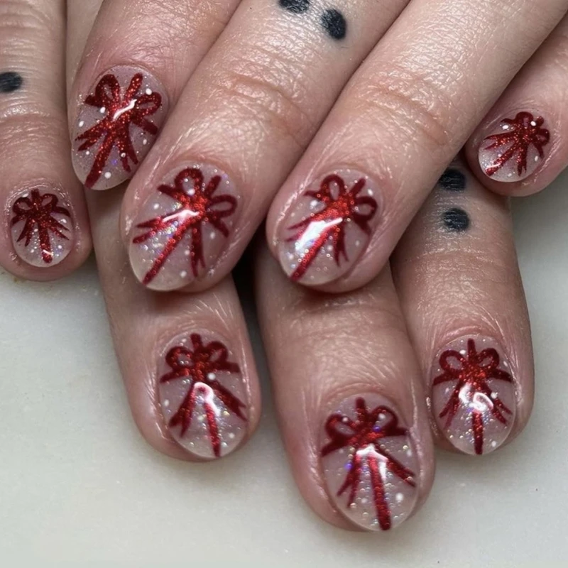 E1YE Quick Apply Christmas Theme False Nails with Bows and Ribbon Details 24 Pieces