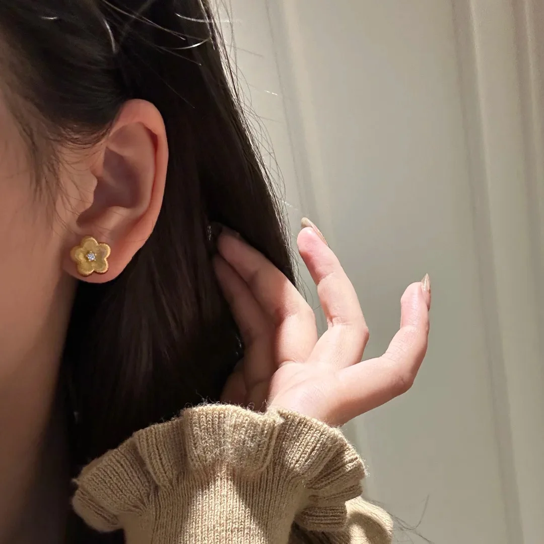 S925 Sterling Silver Ring Brushed Small Flower Pendant Light Luxury High End Floral Earrings Simple Versatile Style