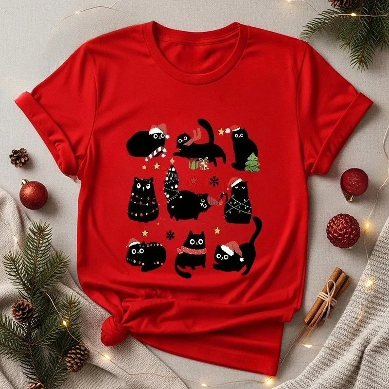 Süße schwarze Katze, Weihnachtsshirt, Kleidung, lustige Feiertagskatzen mit Weihnachtsmannmützen, Lichtern, T-Shirts, Grafik-T-Shirts, Weihnachtsparty-Kleidung
