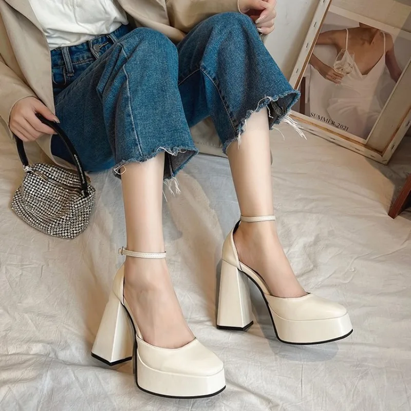 

White Heels Shoes for Women Summer Fashion Square Head Buckle Mary Jane Shoes Outdoor Party Chunky Sandals Zapatos De Tacon