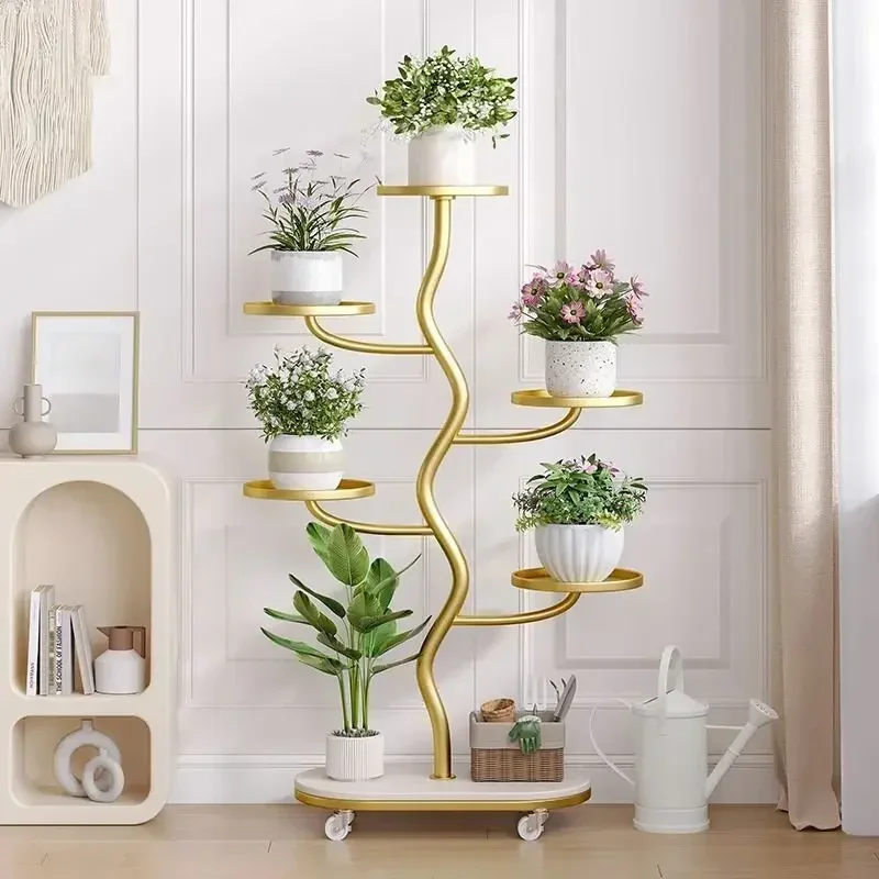 Cream Wind Stand for Flowers Living Room Floor Plant Stand Iron Multi-layer Rack for Plants Convenient Mobile Flower Base