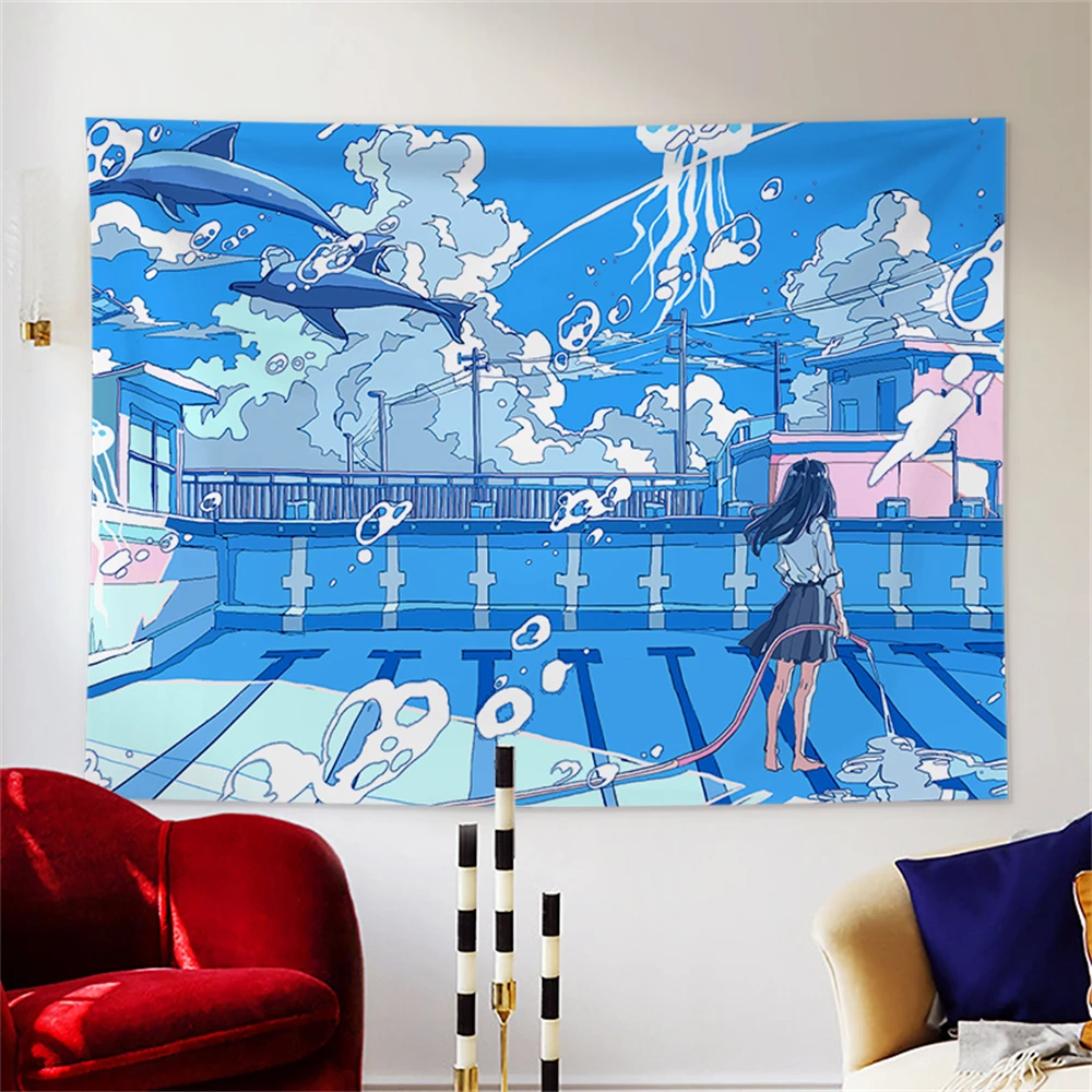 Japanische handgemalte Illustration gedruckt Wandteppich Cartoon Anime Wal Stadt Landschaft Wandteppich Hängen Kawaii Zimmer Dekor