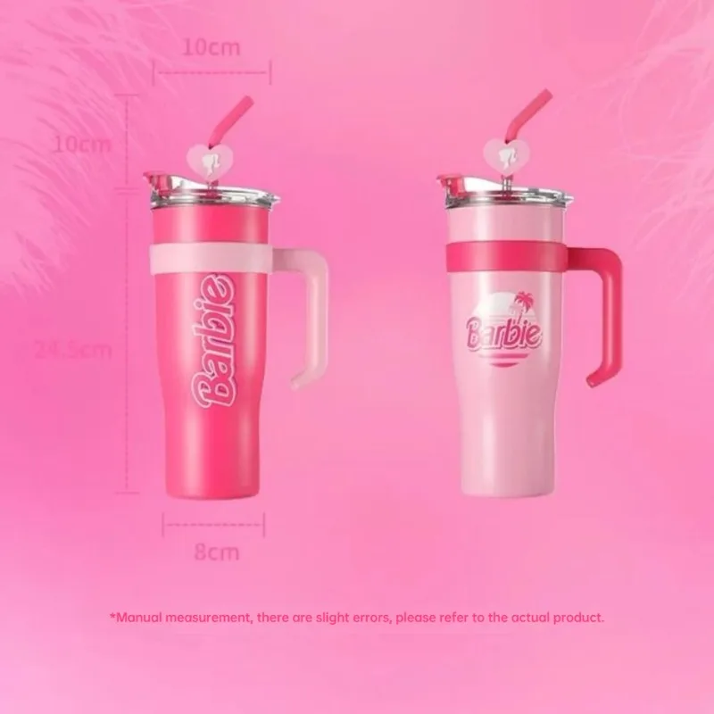 Authentic MINISO Barbie Capsule Big Mac Steel Cup 1600ml Large Capacity Straw Cup Insulated Sports Water Cup with Handle