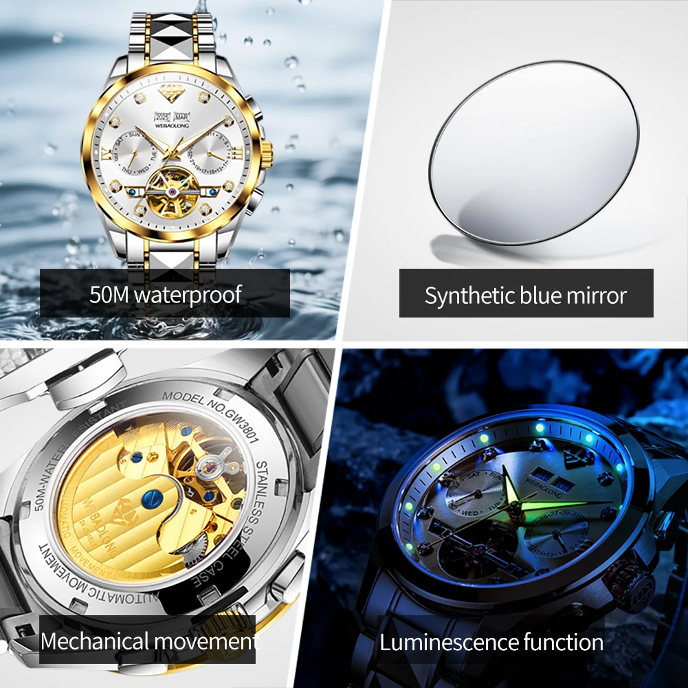 WEIBAOLONG 3801 Mens Watch Luxruy Automatic Mechanical Watch Waterproof Luminous Watches For Man Real Gold Exclusive Gift Set
