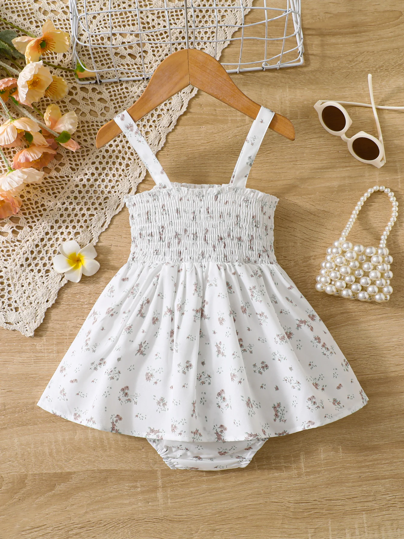 Girls Casual Floral Triangle Bib Dress with Safety Pants Baby Girl Clothing Set