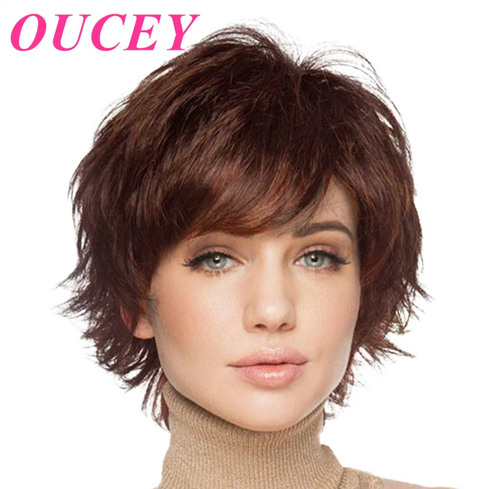 OUCEY Pixie Cut Wig sintetis Wig pendek wanita dengan poni Wig cokelat untuk wanita hitam Wig wanita tahan panas