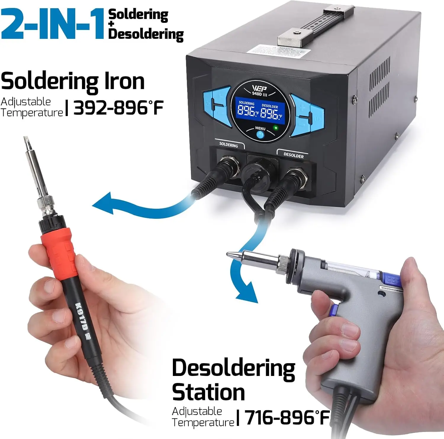 948D Iii Upgraded 2-In-1 Esd Safe Soldering Desoldering Station With Fast-Heating Desoldering Gun & Soldering Iron, Sleep