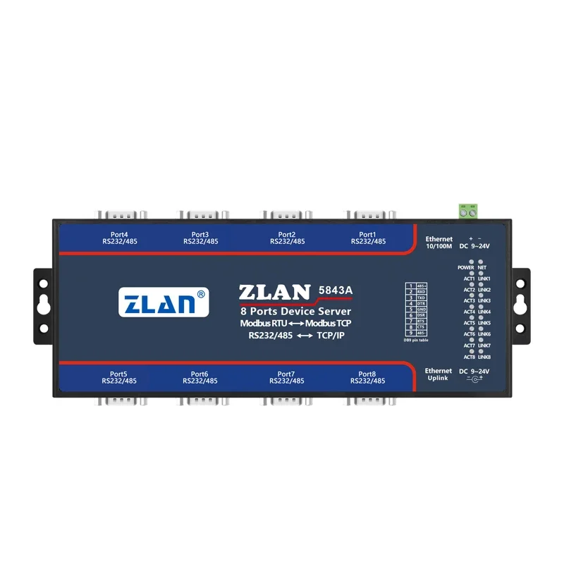 8 Port RS232 RS485 To Ethernet TCP/IP Modbus Industrial Multiple Ethernet Serial Server ZLAN5843A