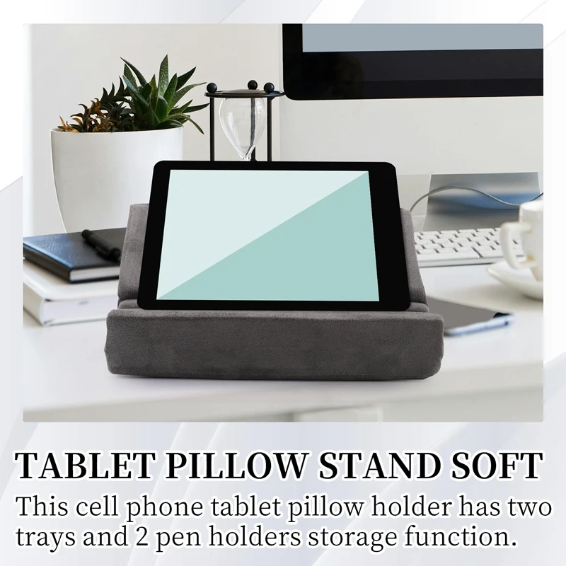 【buy-now】tablet-pillow-stand-with-storage-foldable-holder-angle-adjustable-soft-pad-dock-for-bed-and-laptop-and-desk-gray
