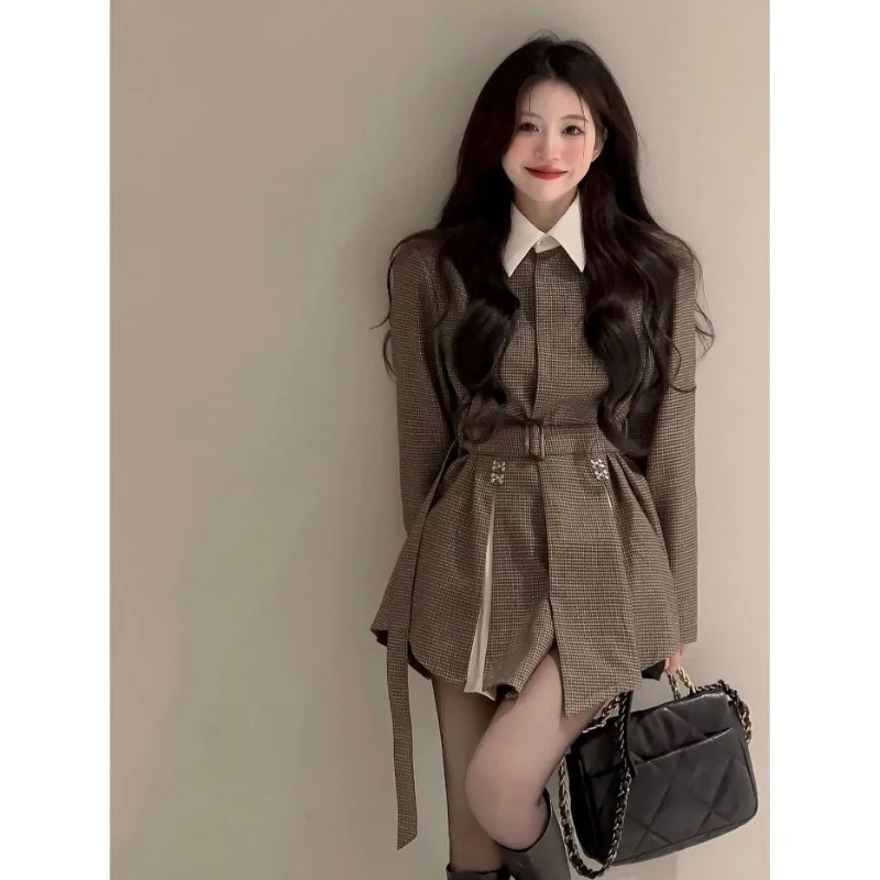 Shpmishal French Style Fake Two Piece Checkered Suit Dress for Women's Autumn and Winter High-end Dresses Female Clothing