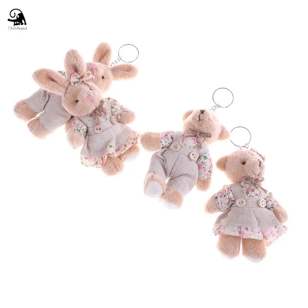 2pcs Couple Bear Rabbit Plush Toys Floral Cloth Teddy Bear Rabbit Bunny Dolls Key Bag Pendants Lovers Friends Gift 11cm 1 Pair