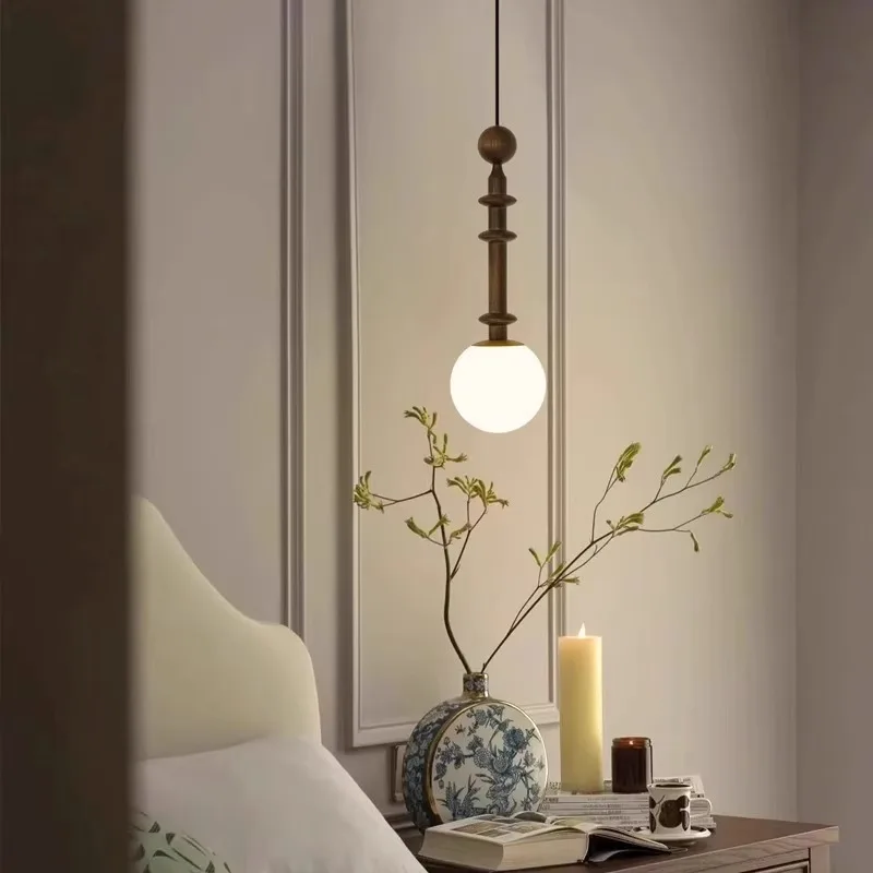 Retro Bedside Light Pendant Light European Classic Solid Wood Lamp Restaurant Bar Glass Ball Decoration Lighting AC110-220V