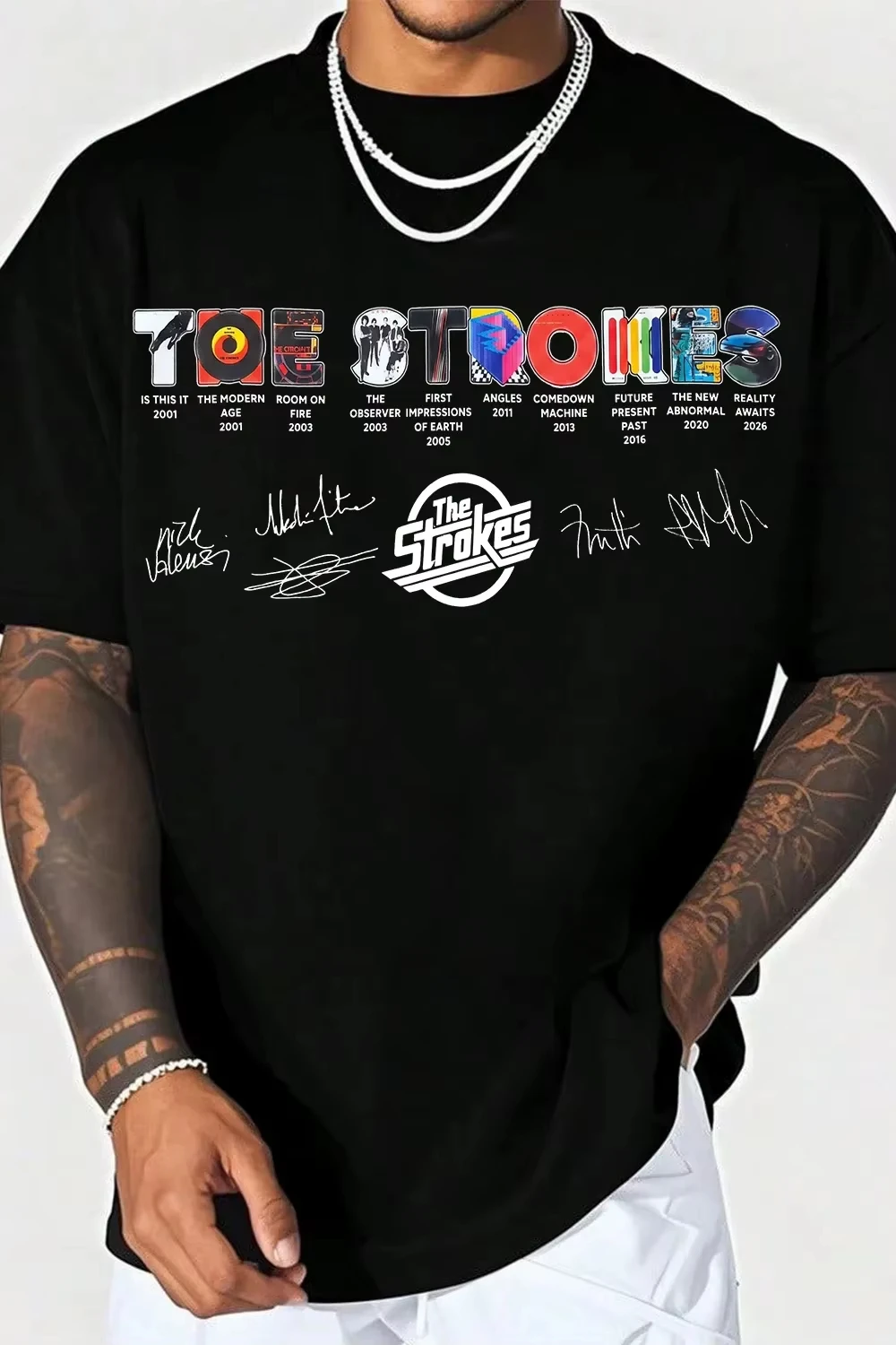 The Strokes Album Eras Typography Signed Merch 2026 Vintage T Shirt 100%Cotton Unisex Men‘s Women's T-Shirts Y2k Fans Casual Tee