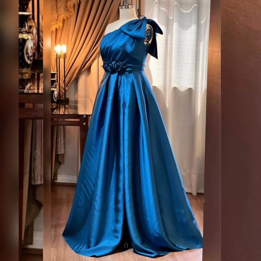 Customized Exquisite Intricate Pleat Flower Bow Draped A-line One-shoulder Long Dresses Evening Dresses Sizes Available High Qua